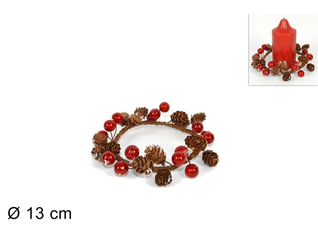 Girocandela 13cm con pigne e bacche innevate