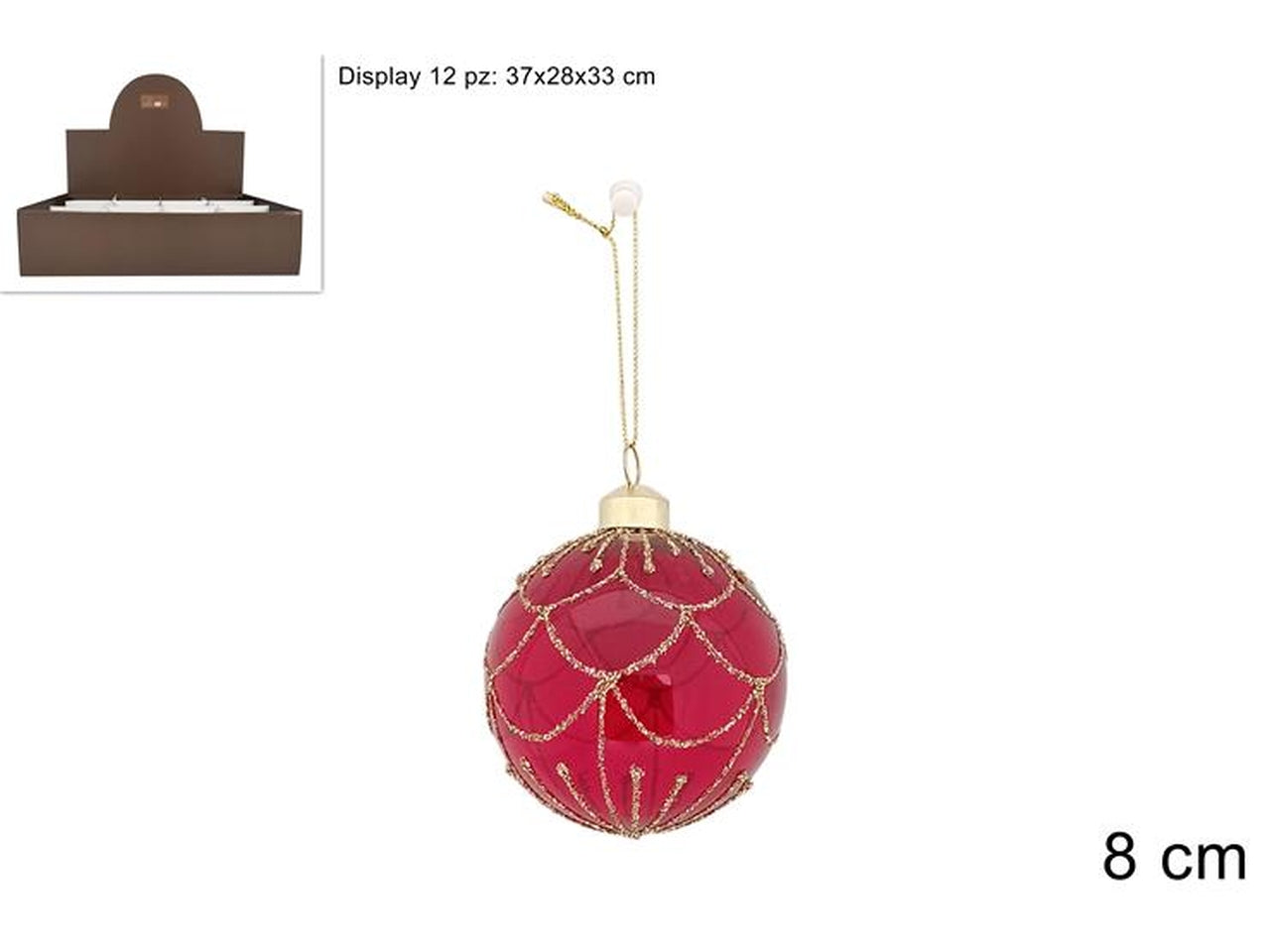 Palla in vetro 8cm rossa trasparente con decoro oro