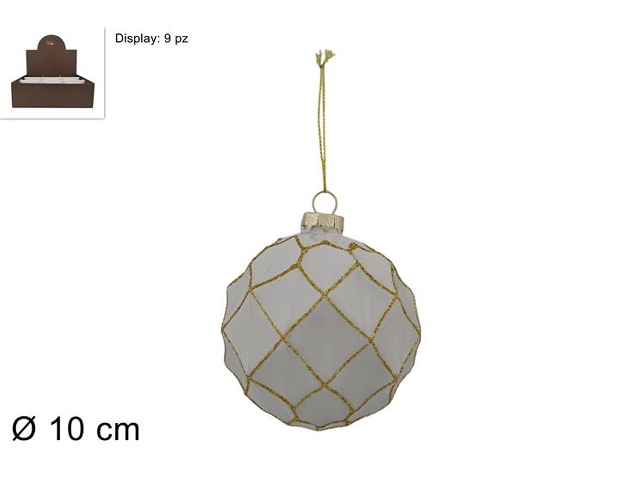 Palla in vetro 10cm bianca con rombi oro