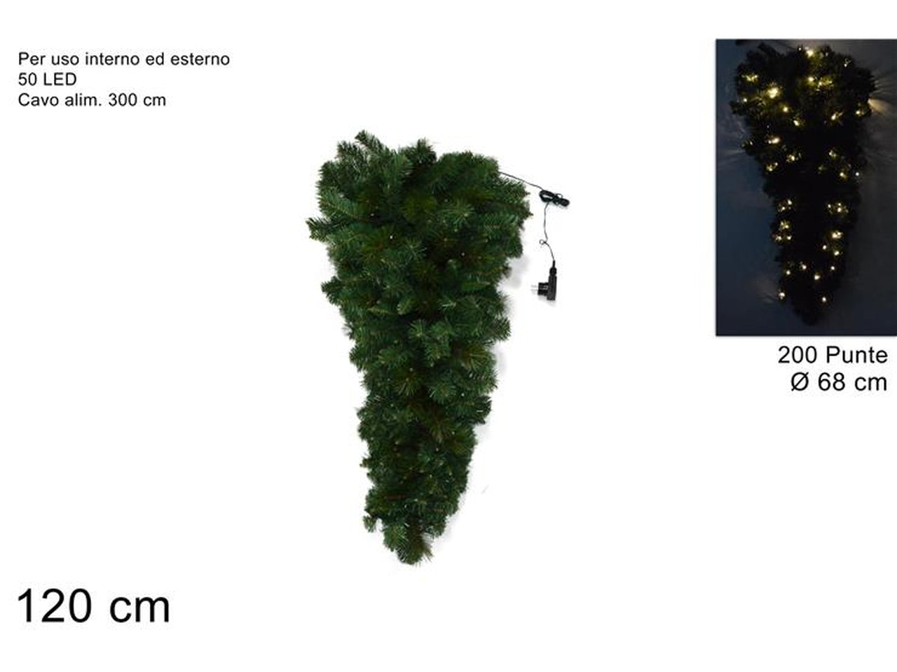 Albero capovolto 120cm diametro 68cm 200punte con 50 led per uso interno ed esterno