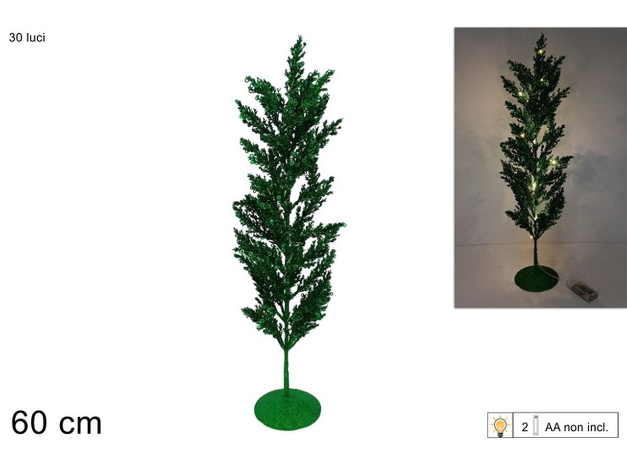 Albero 60cm con rami glitterati verde e 30 luci