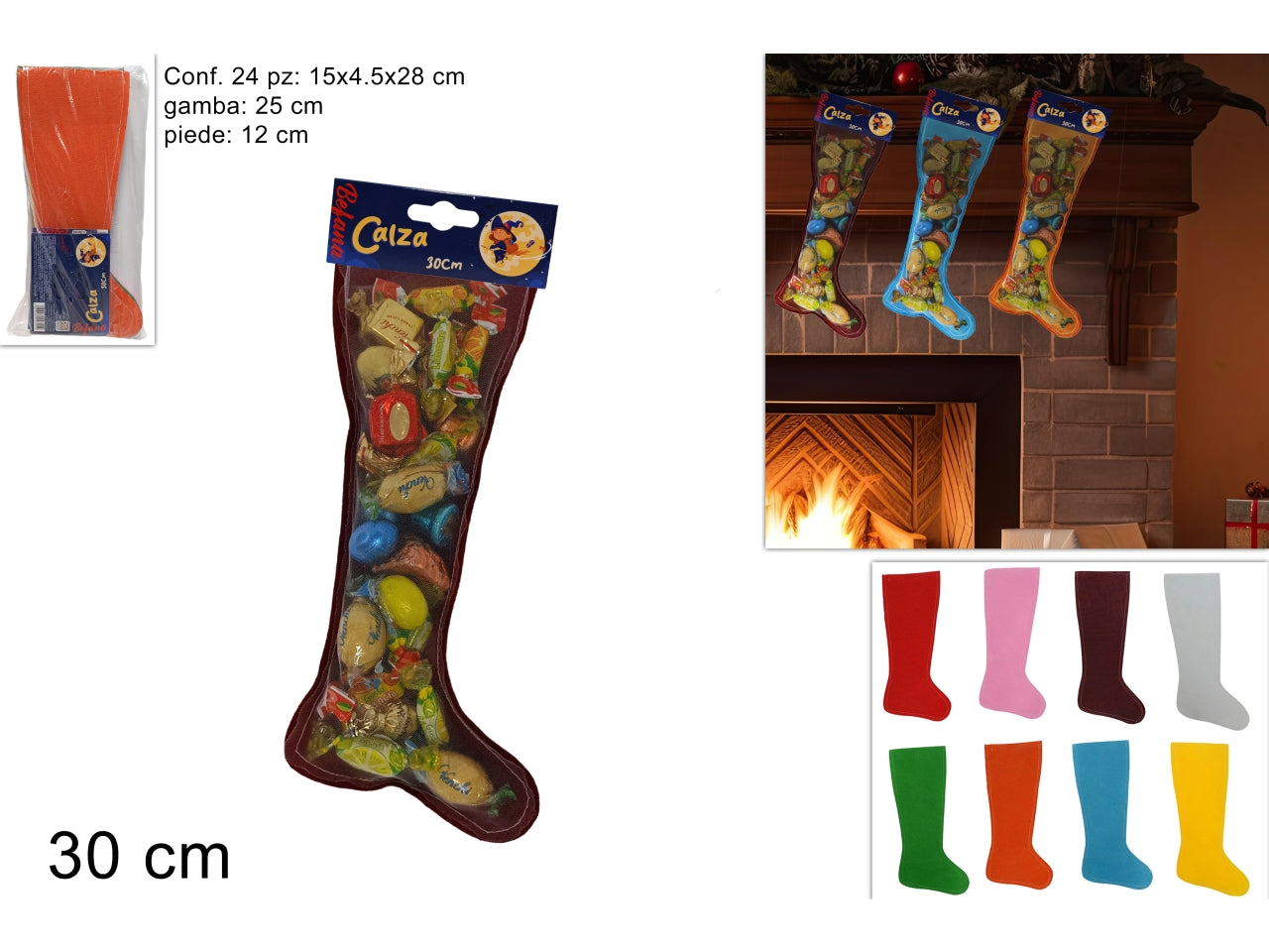 Calza befana 30cm in confezione da 24 pezzi colori assortiti
