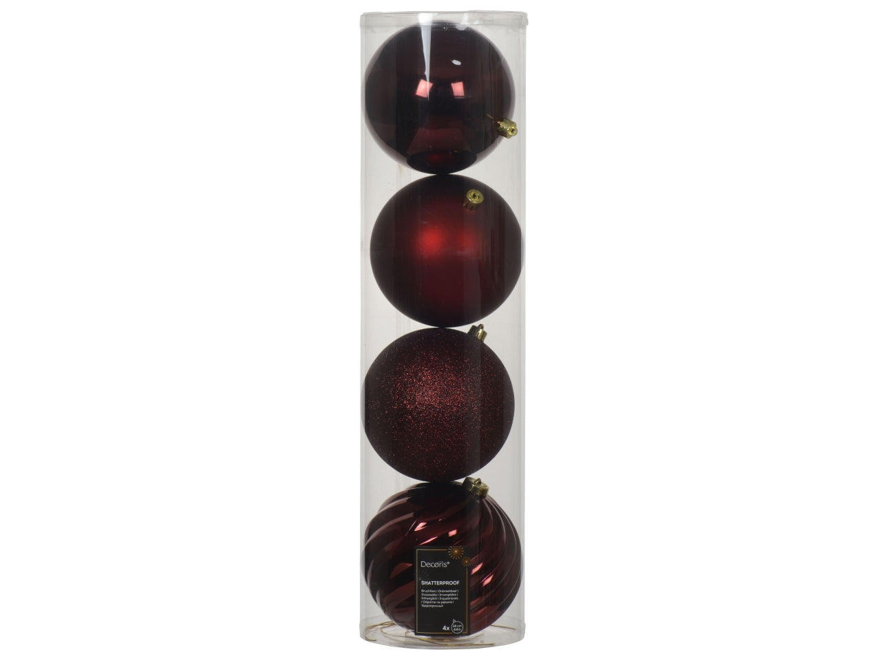 Palla 14cm in confezione da 4 pezzi bordeaux lucida, opaca e glitter