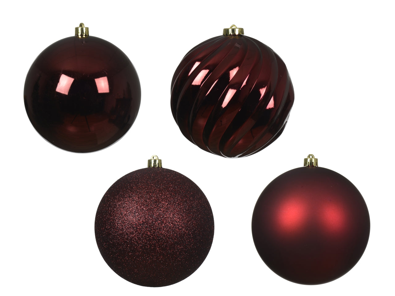 Palla 14cm in confezione da 4 pezzi bordeaux lucida, opaca e glitter