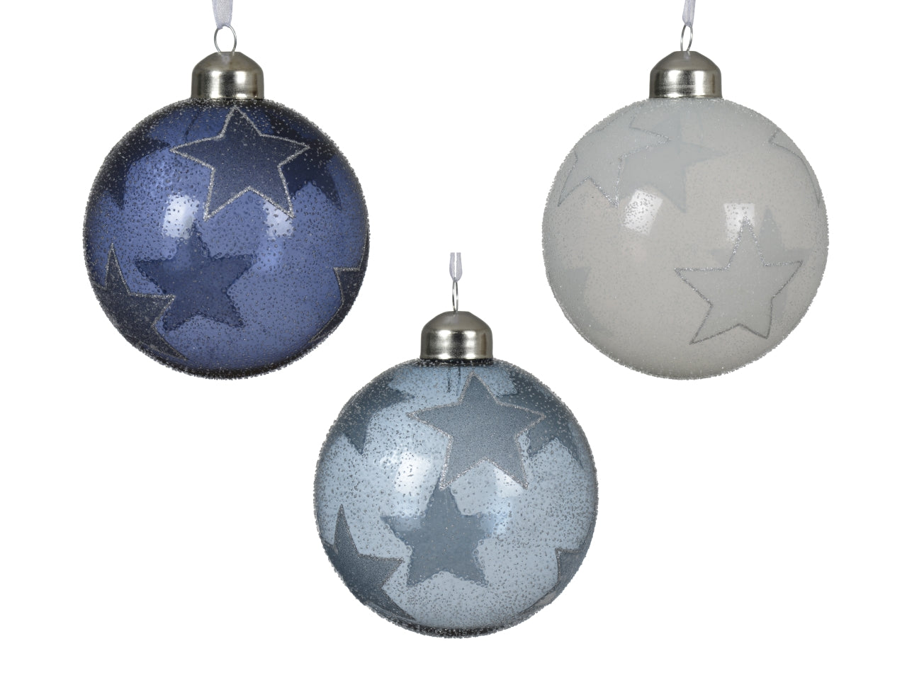 Palla vetro 8cm con stelle in 3 cololori assortiti