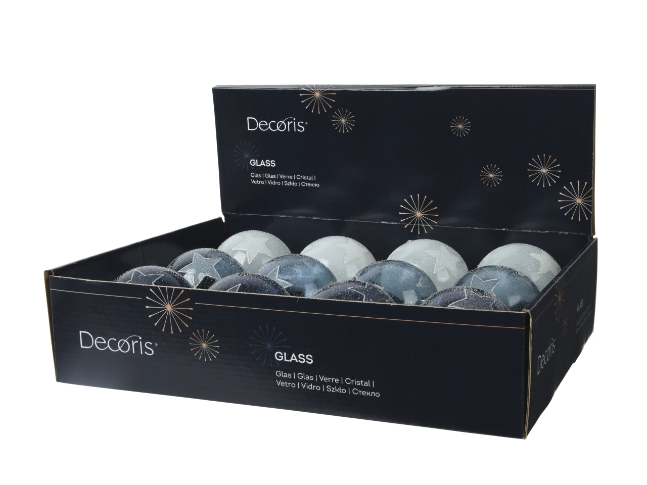 Palla vetro 8cm con stelle in 3 cololori assortiti