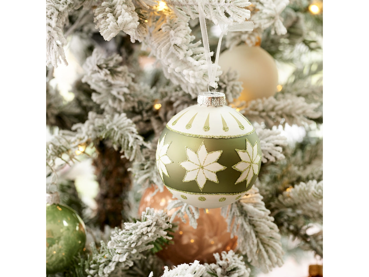 Palla in vetro 8cm con decori assortiti verde e crema