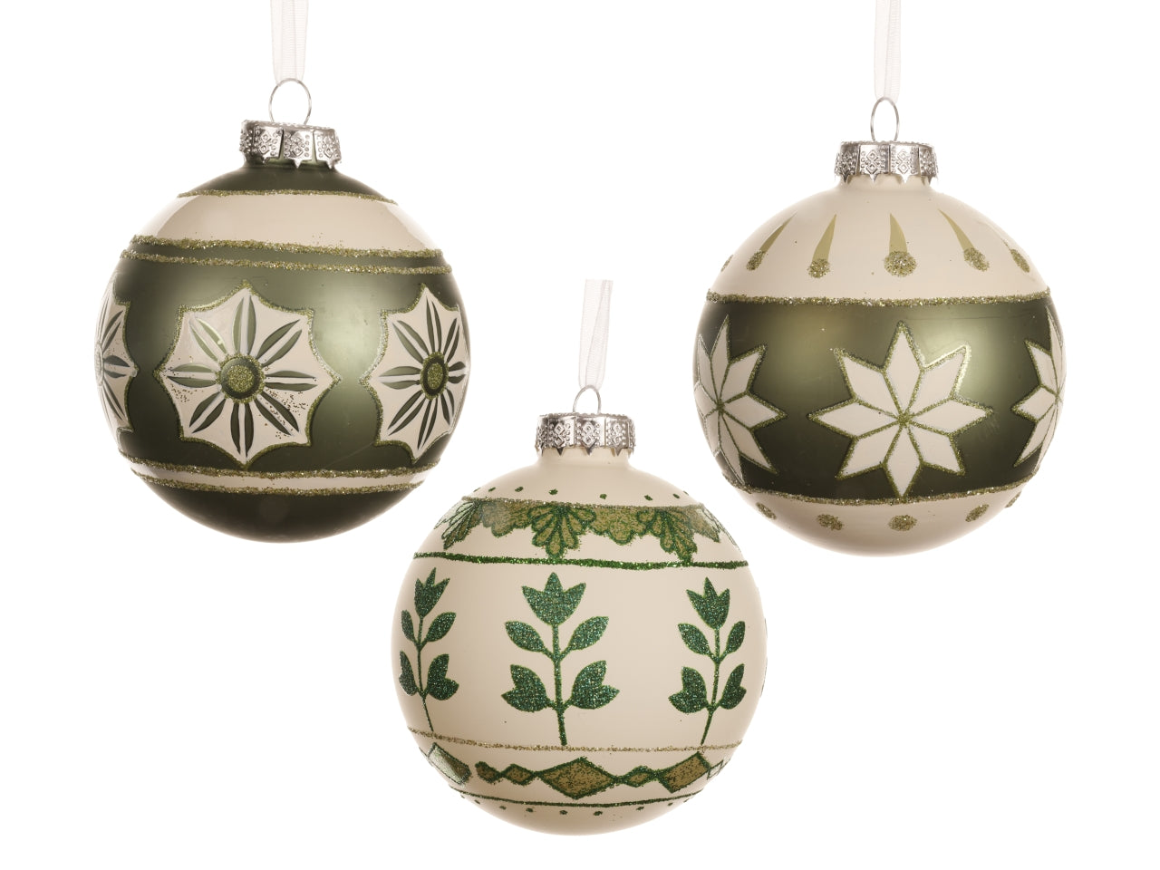 Palla in vetro 8cm con decori assortiti verde e crema