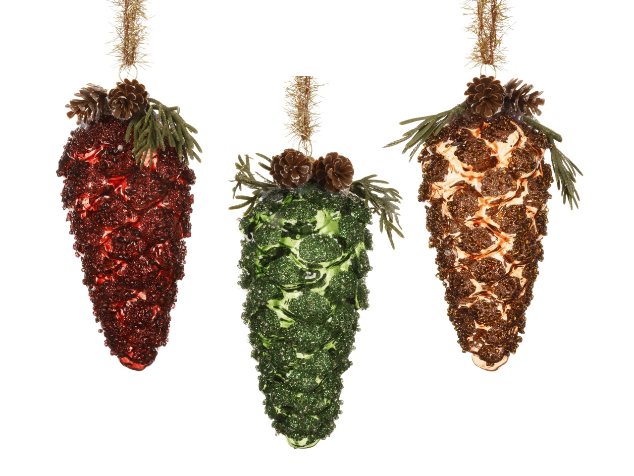 Appendino pigna in vetro con fiocco, 3 cololori assortiti