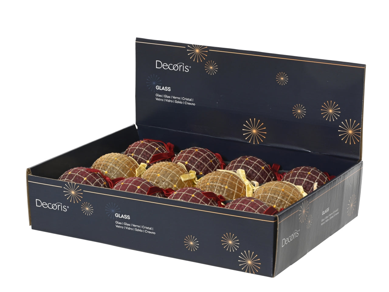 Palla vetro 8cm con gemme e glitter in 3 cololori assortiti