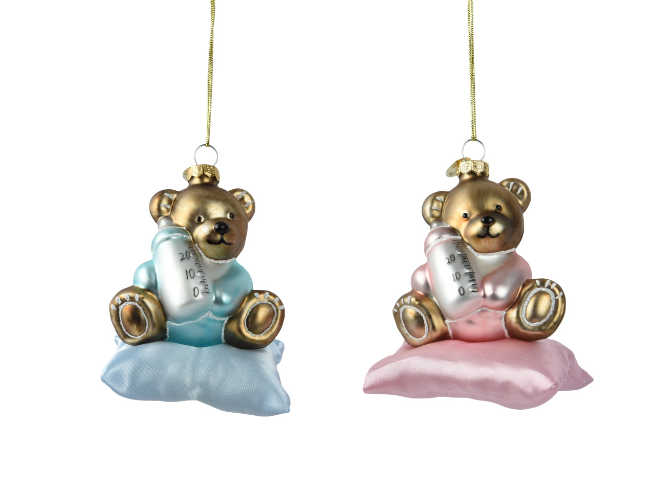 Appendino orso in vetro 8,5cm con cuscino rosa e celeste