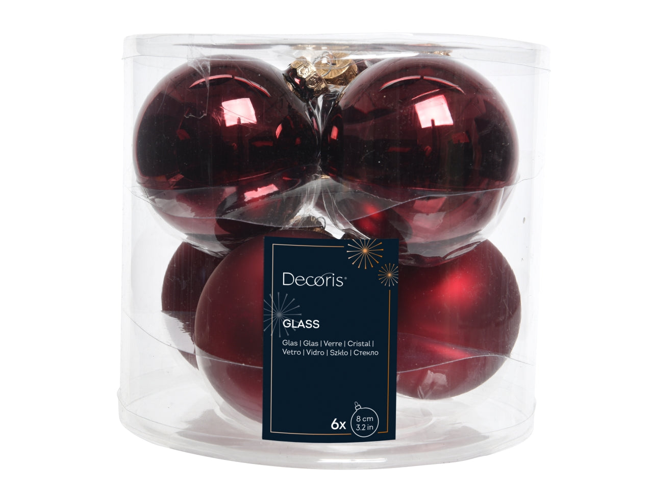 Palla vetro 8cm in confezione da 6 pezzi bordeaux lucido e opaco
