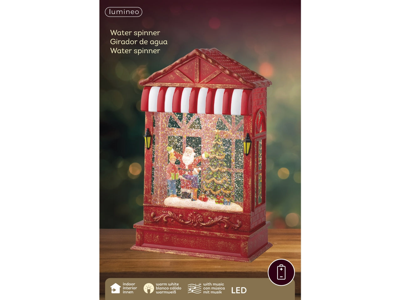 Casa babbo natale con acqua e led a batteria 9x16x25,5cm
