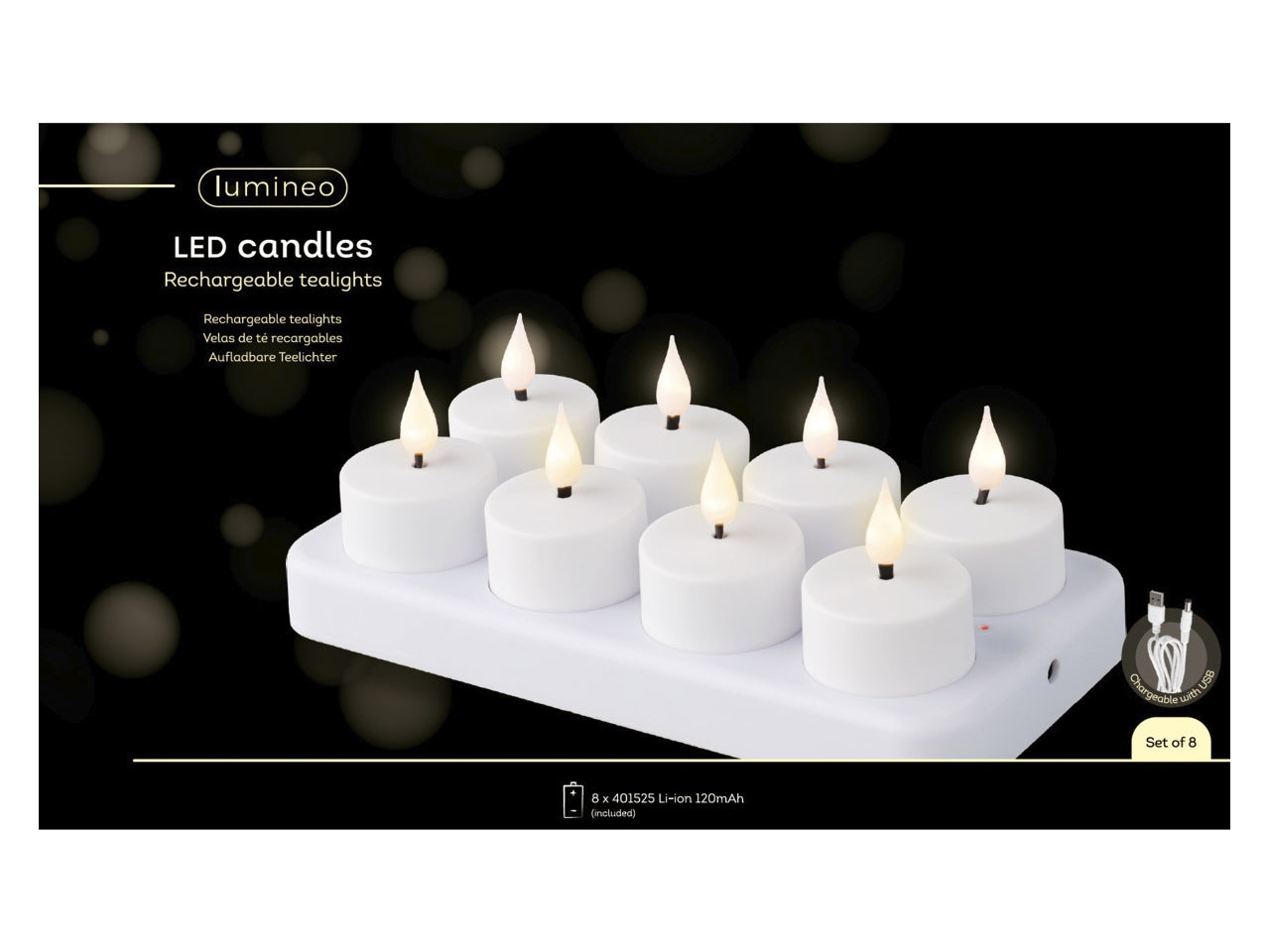 Tealight led 4x4,5cm 8 pezzi con base ricaricabile
