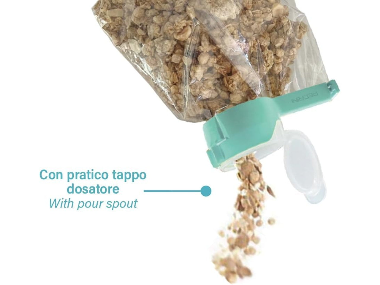 Clip chiudi sacchetto con tappo versatore cartoncino