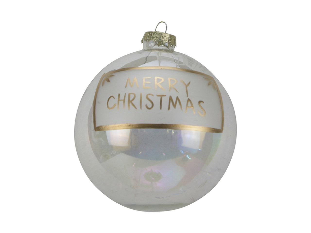 Palla in vetro 10cm con scritta merry chrismas trasparente e bianco