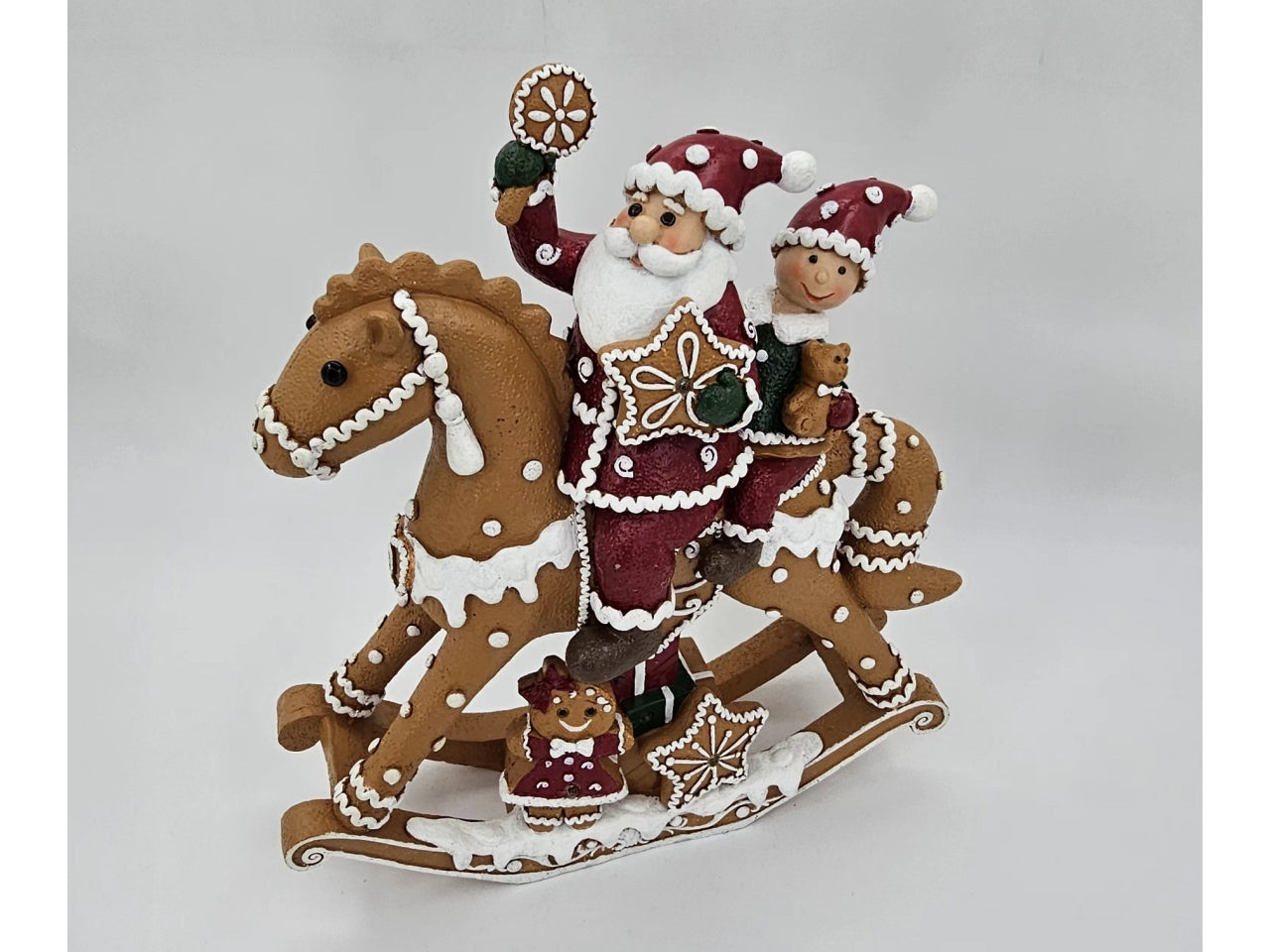 Cavallo a dondolo in poliresina con babbo natale e luci
