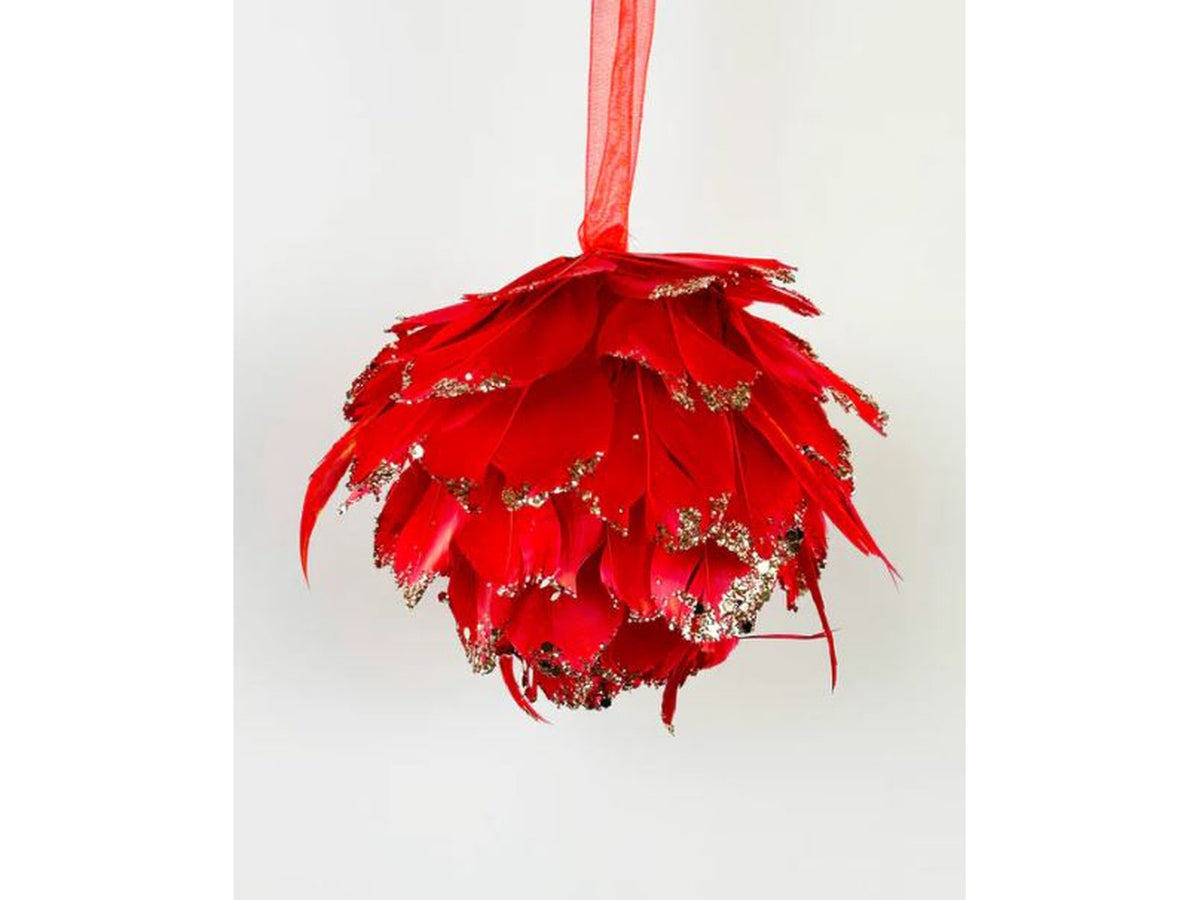 Appendino palla con piume 10cm rosso