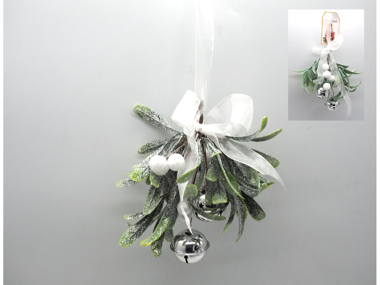 Dietroporta mazzolino 17cm con foglie glitterate argento