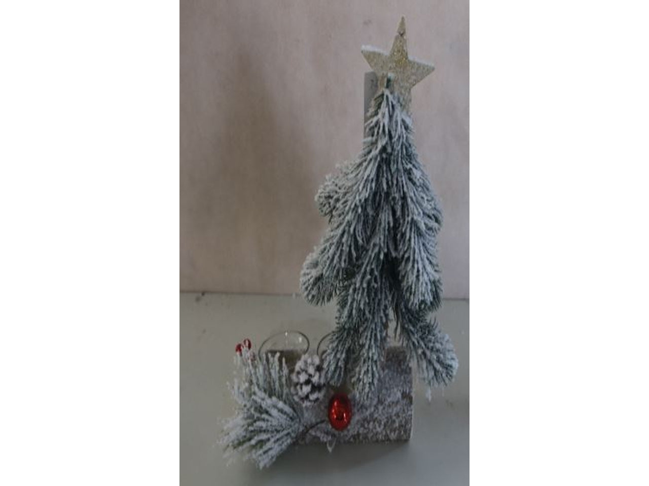 Portacandela legno 2posti con albero innevato 14x20cm