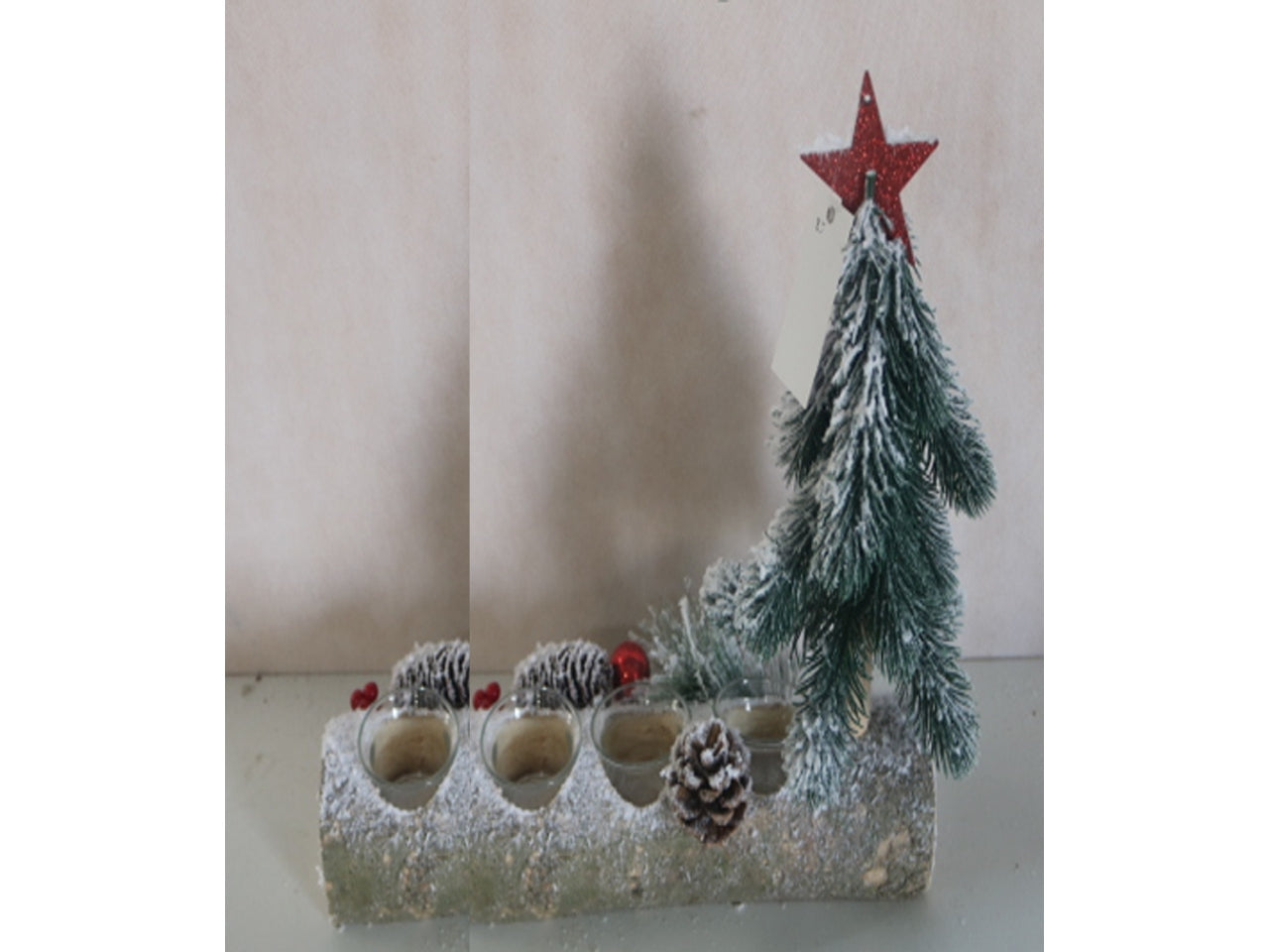 Portacandela legno 4posti con albero innevato 14x40cm