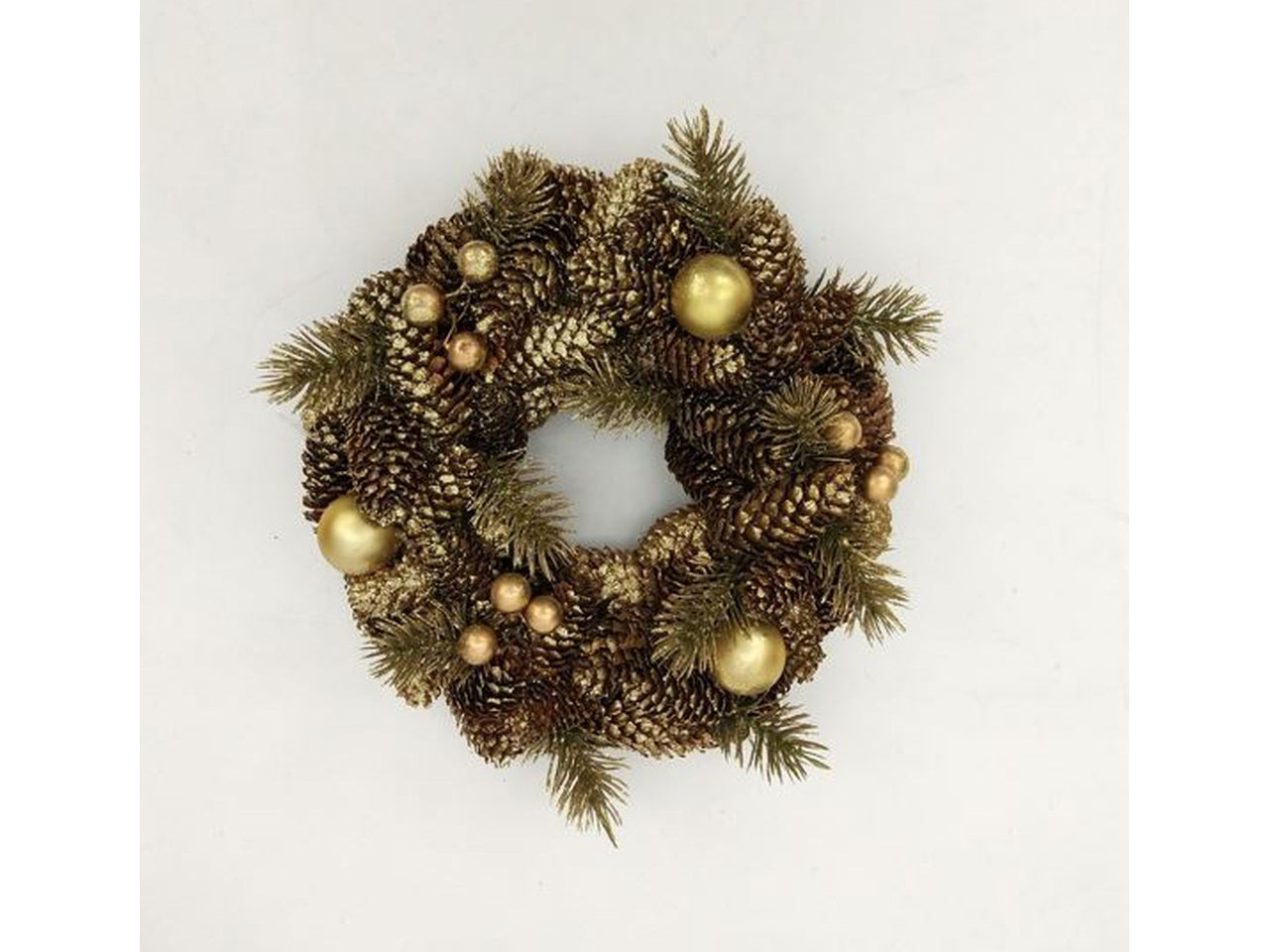 Dietroporta corona 23cm con bacche oro e pigne