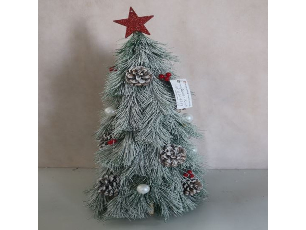 Albero 55cm innevato con base in legno, pigne e bacche