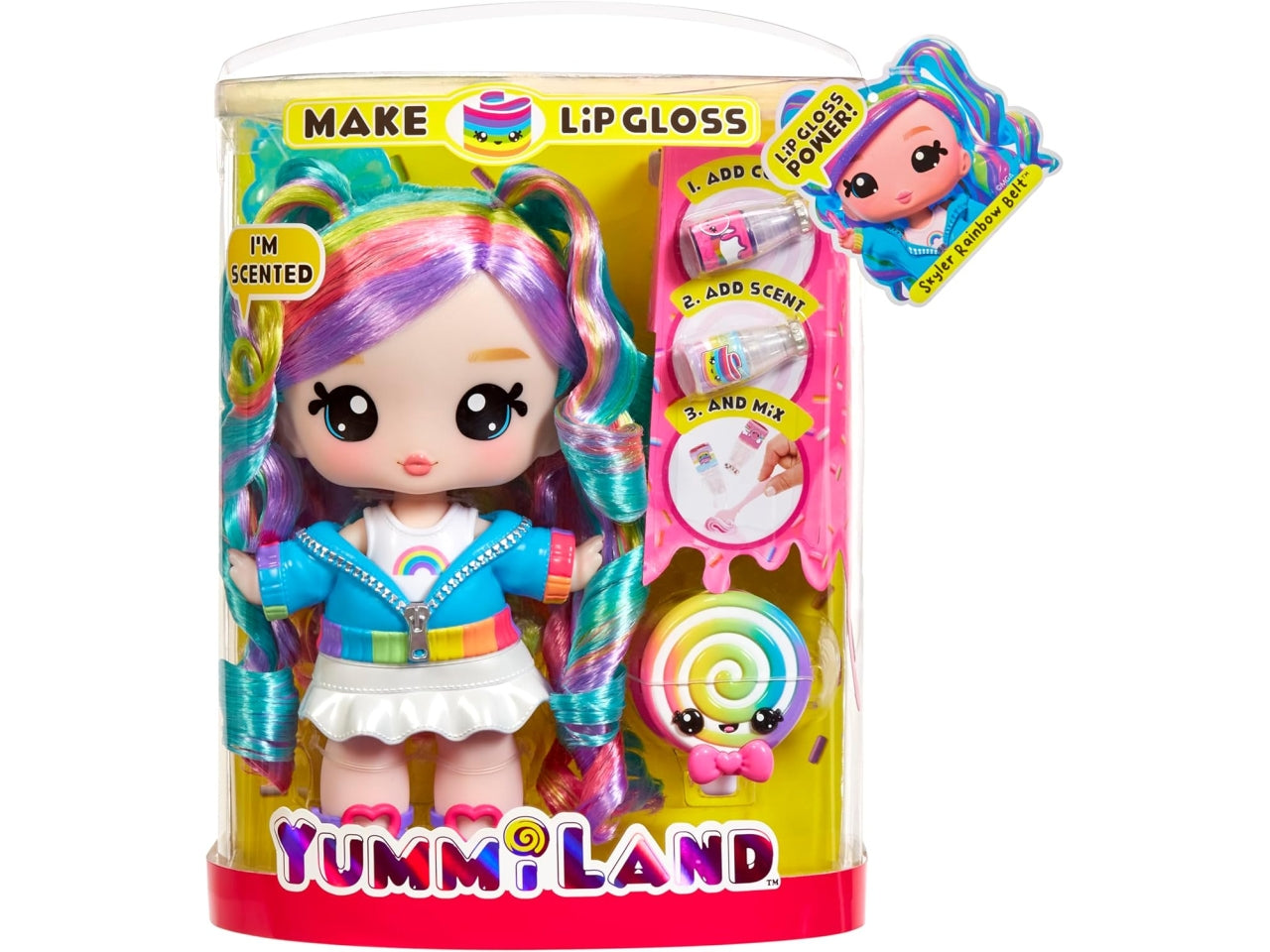 Yummiland large doll lipgloss pet- rainbow skyler rainbow belt
