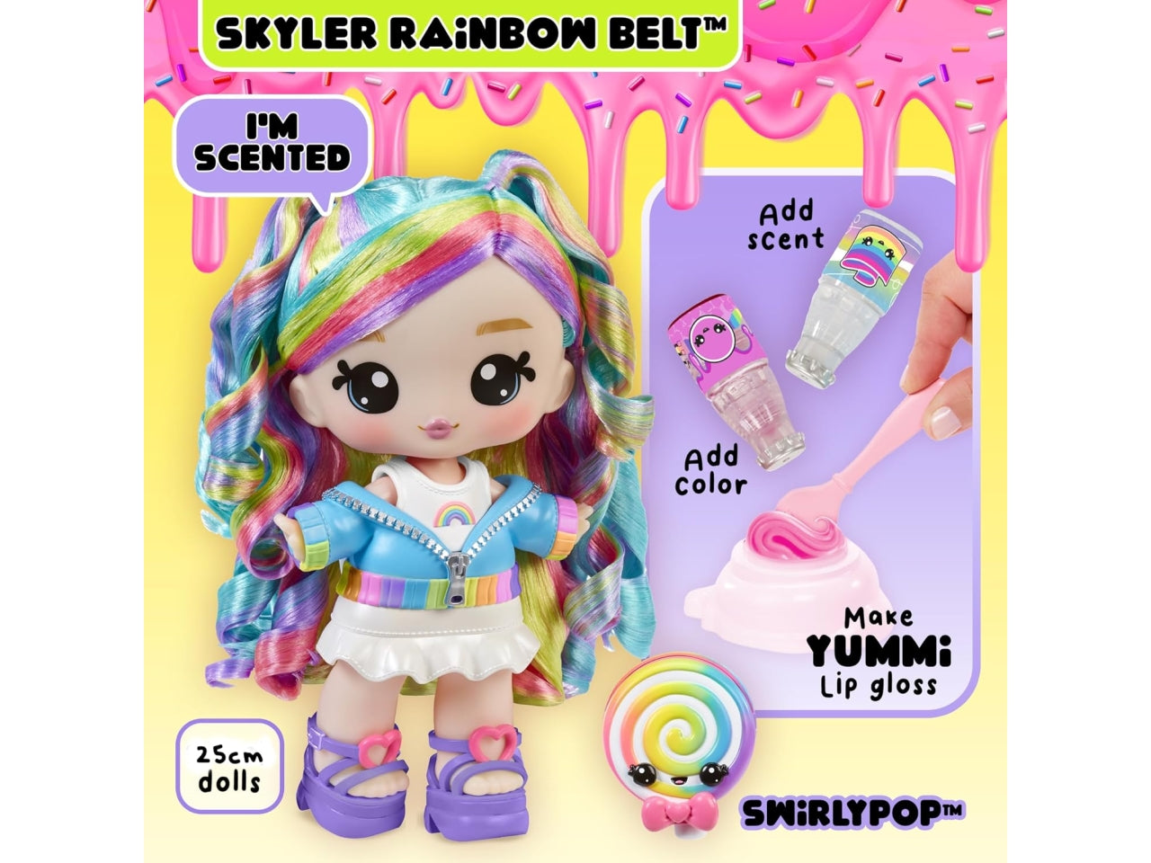 Yummiland large doll lipgloss pet- rainbow skyler rainbow belt
