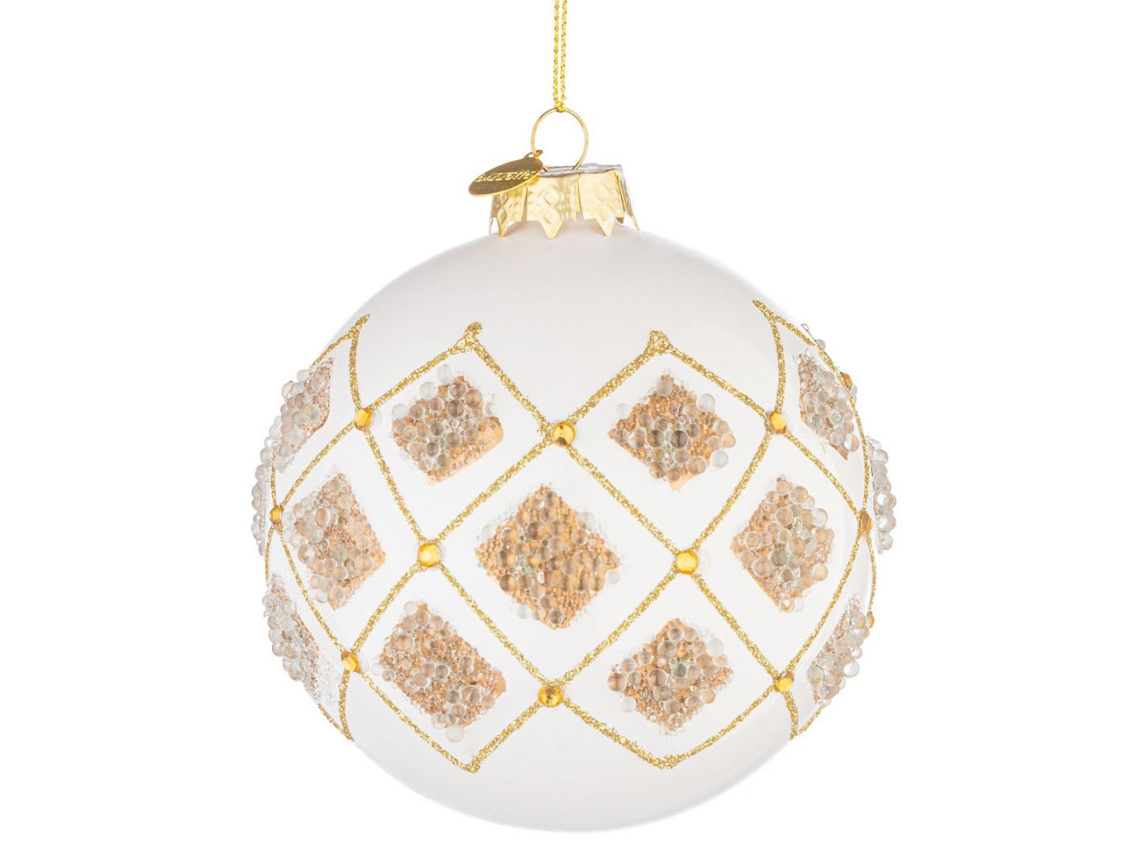 Palla in vetro 10cm bianco con rombi champagne