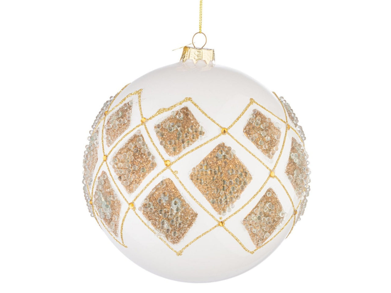 Palla in vetro 15cm bianco con rombi champagne