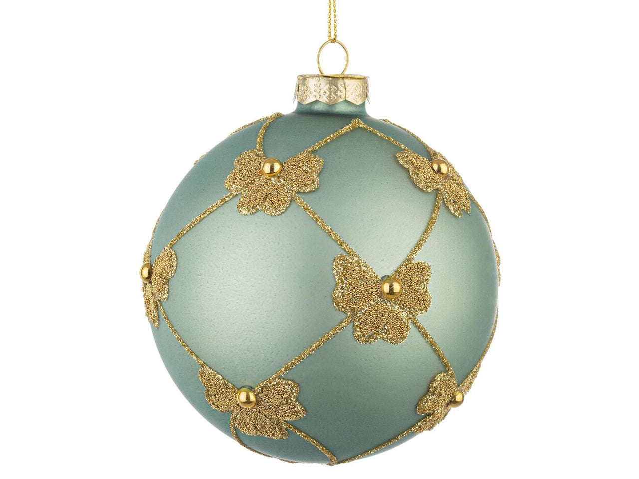 Palla vetro 10cm flock verde acqua e decori oro
