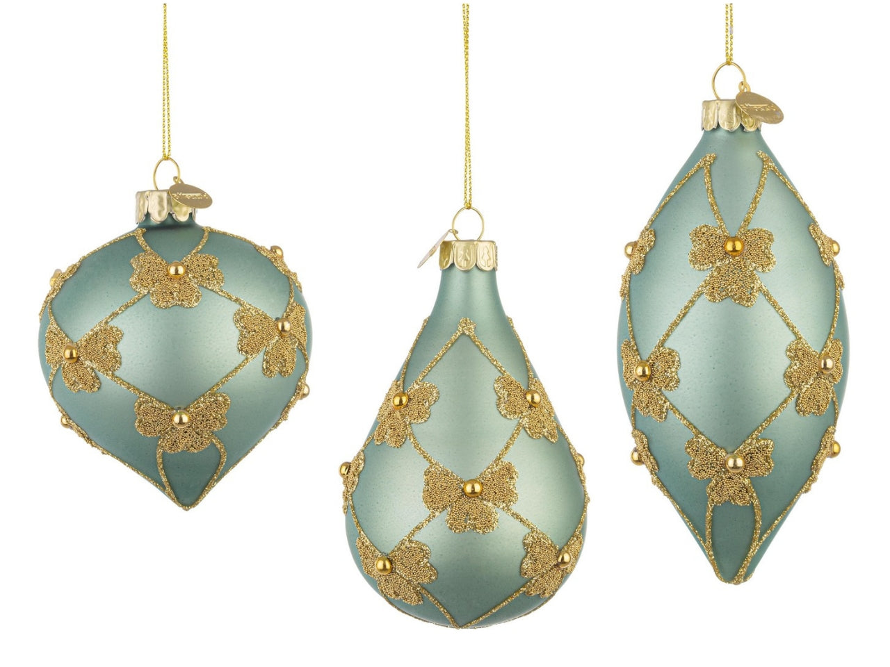 Palla goggia vetro flock verde acqua e decori oro, forme assortite