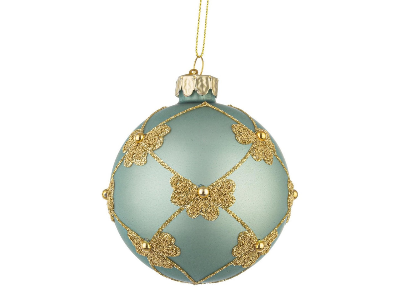 Palla vetro 8cm flock verde acqua e decori oro