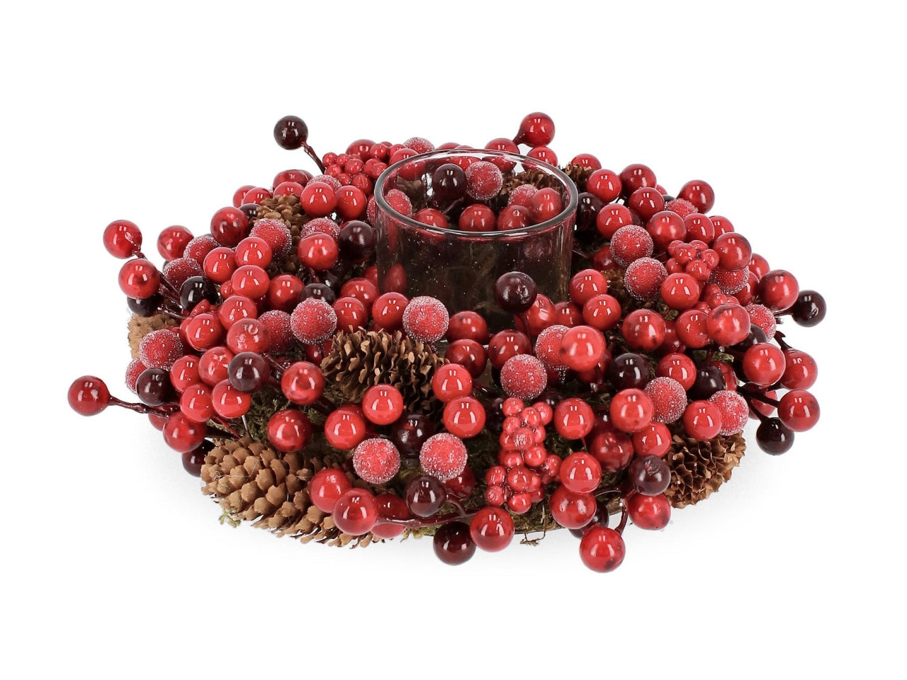 Portacandela elinor con pigne e bacche rosse