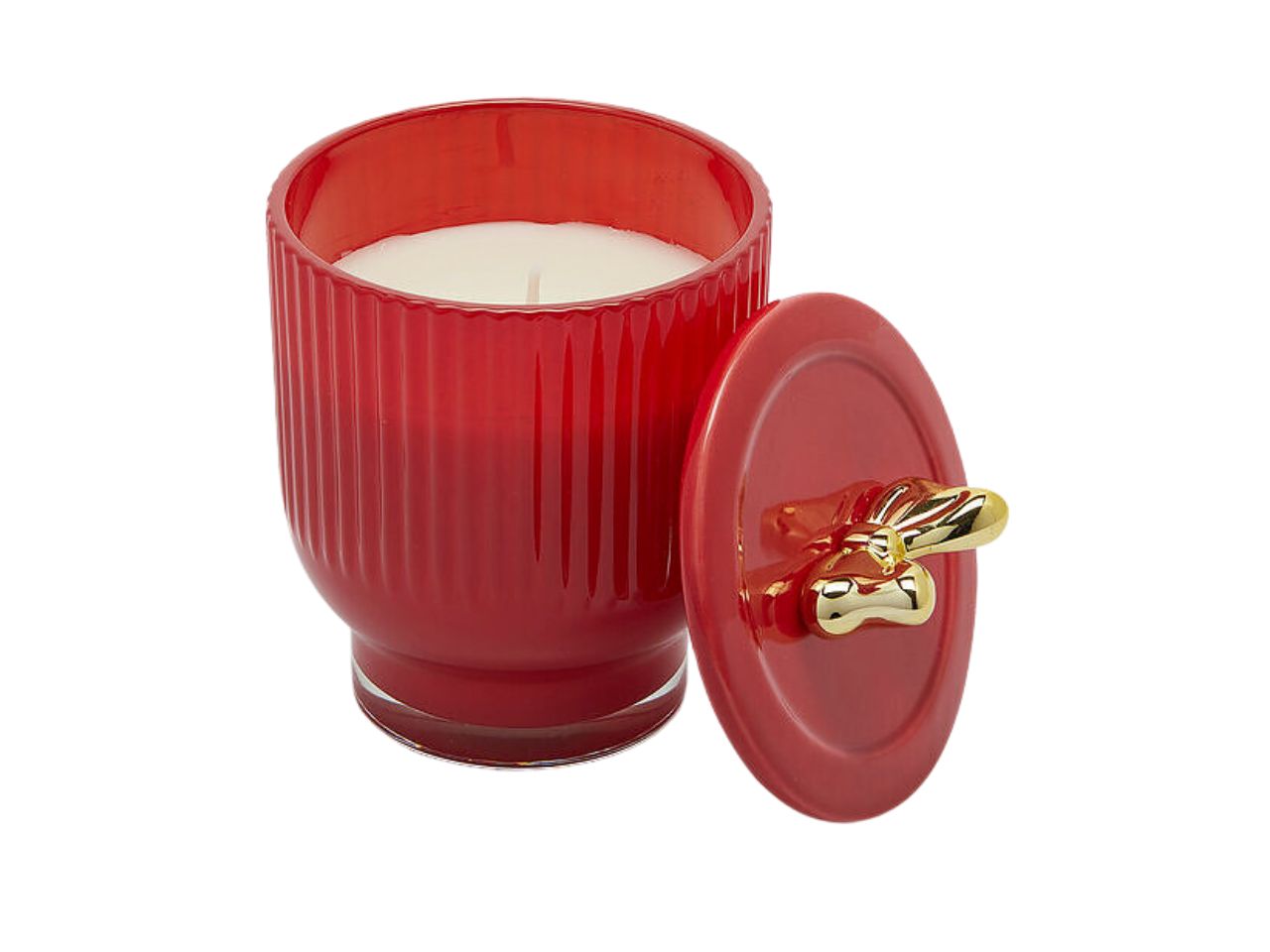 Candela con vasetto in vetro 9xh.13cm e coperchio con fiocco oro, rossa profumata ai frutti di bosco