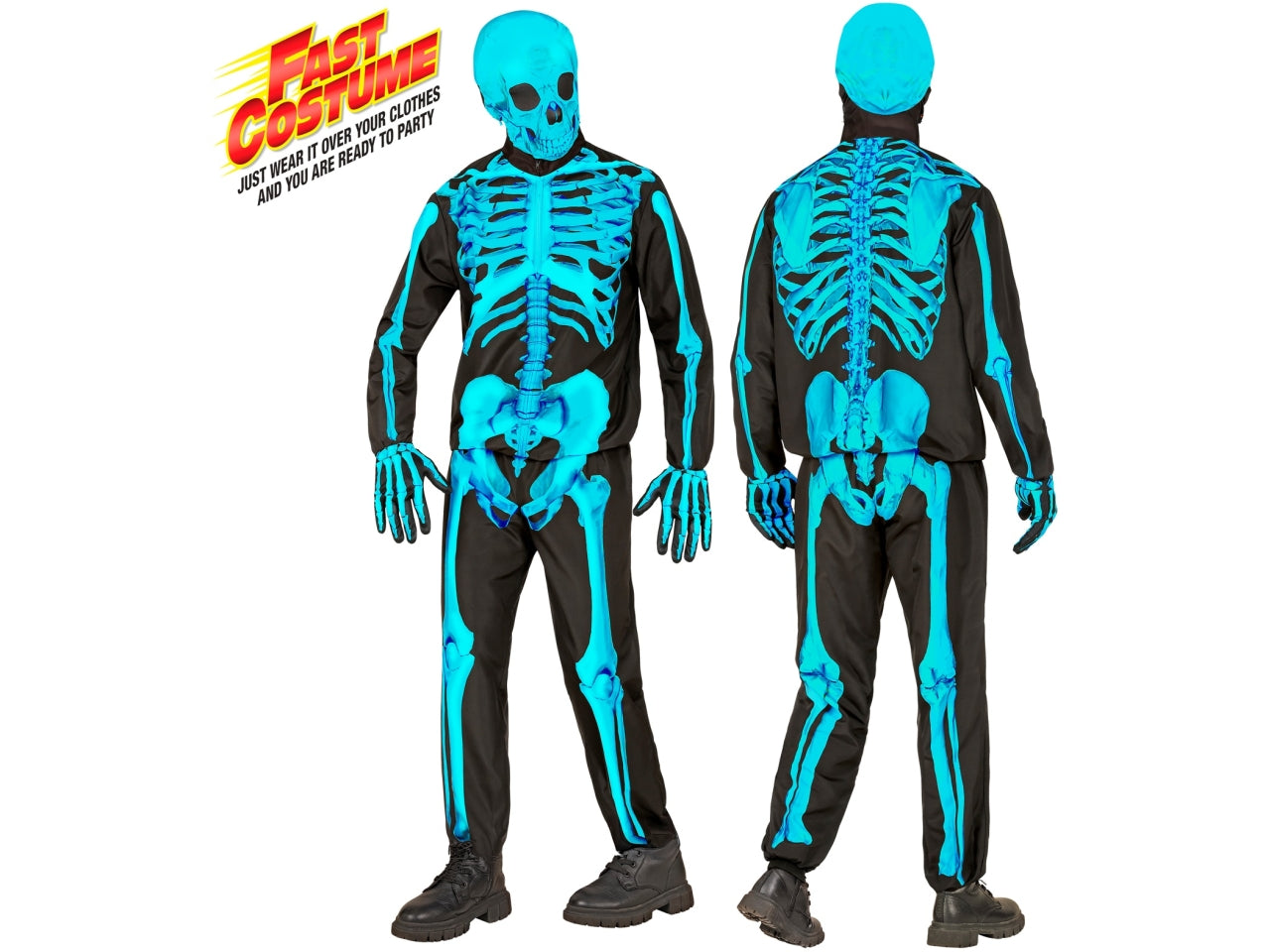 Costume scheletro fluorescente con giacca, pantaloni, guanti e maschera taglia 140cm/8-10anni
