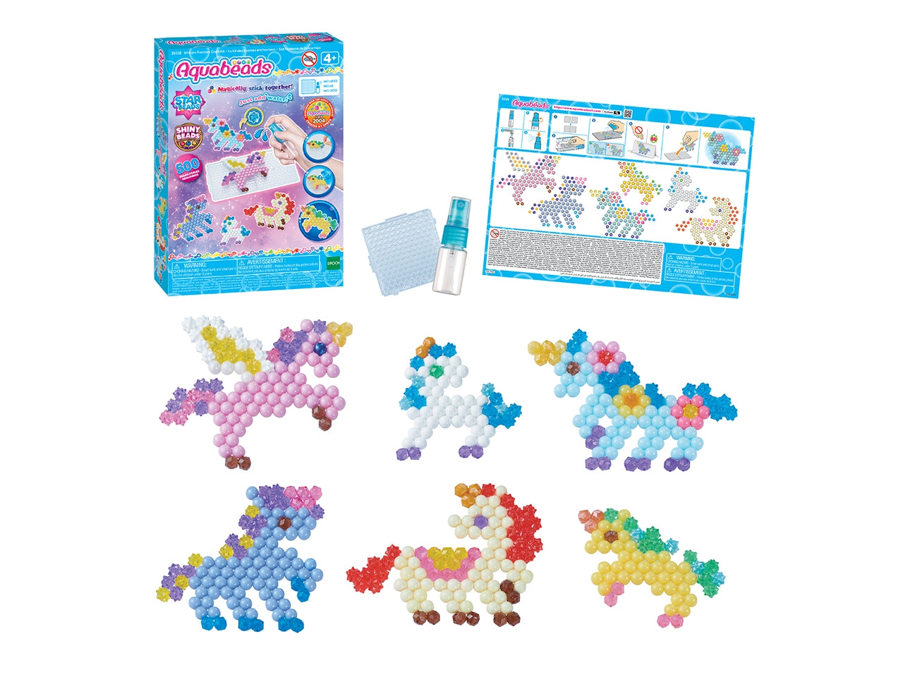 Aquabeads include perline, gioiello e star in vari colori, vassoio, spray, fogli modello unicorni