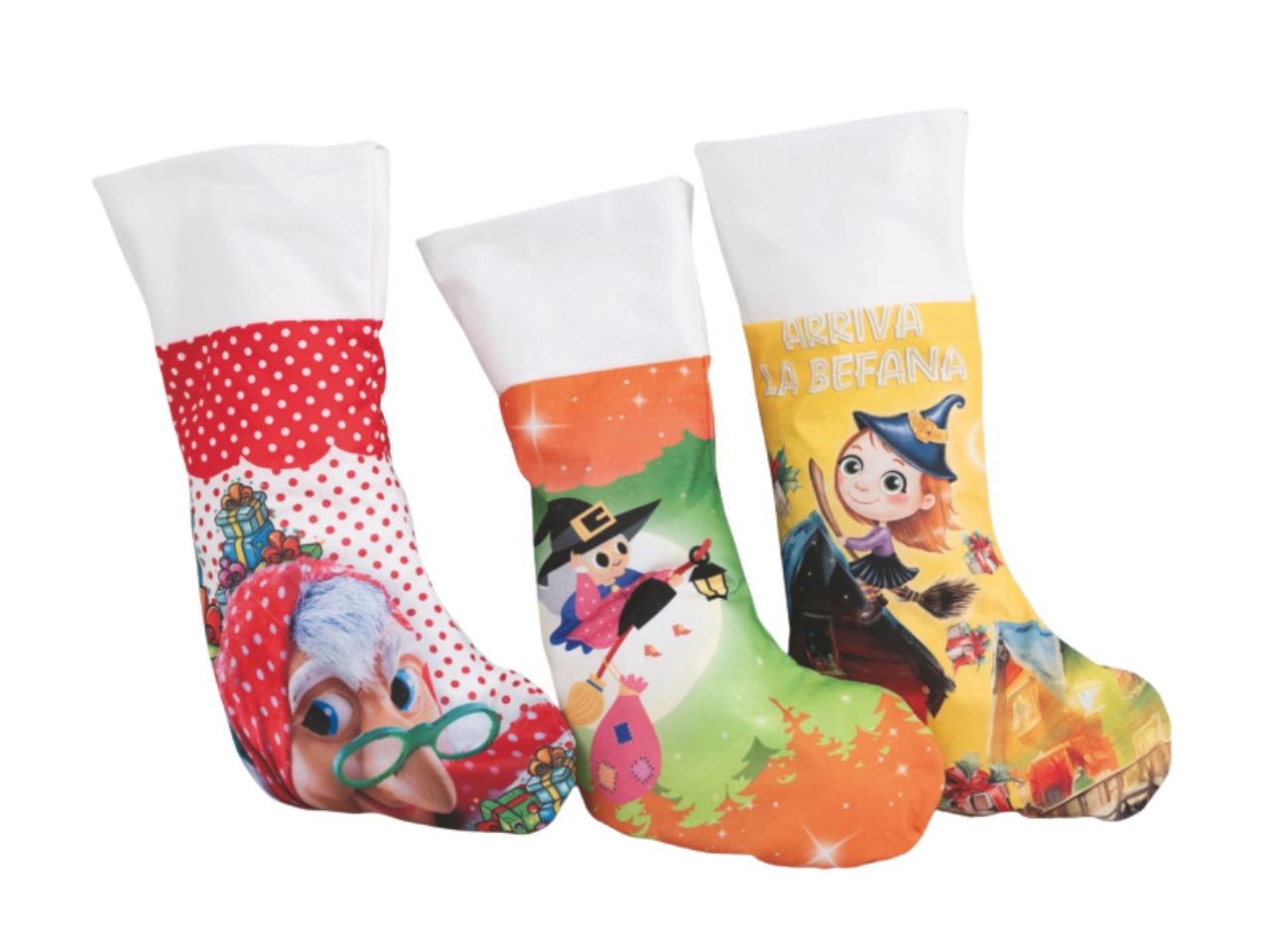 Calza befana 50cm in panno 3decori assortiti