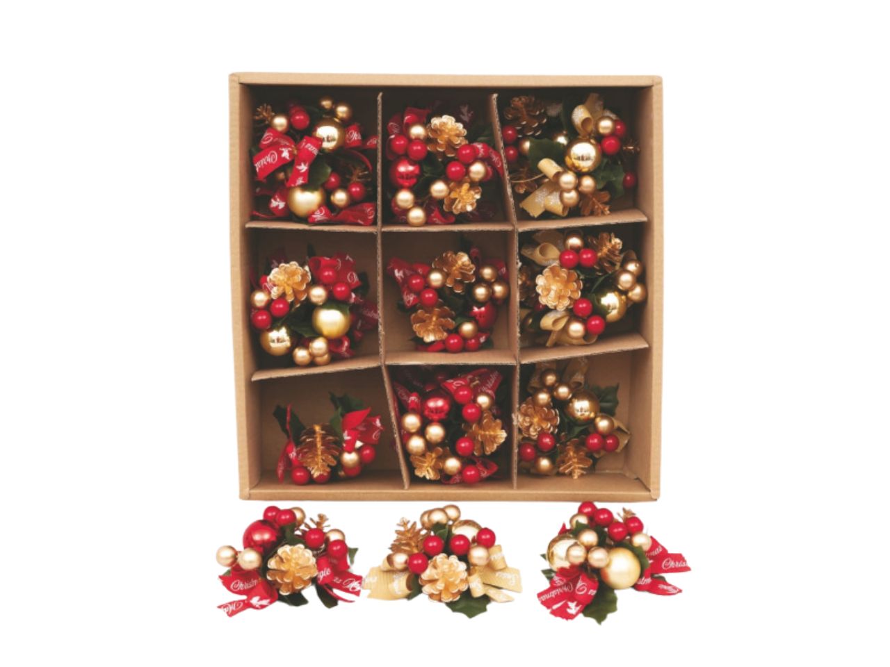 Girocandela10cm con sfere oro e nastro rosso