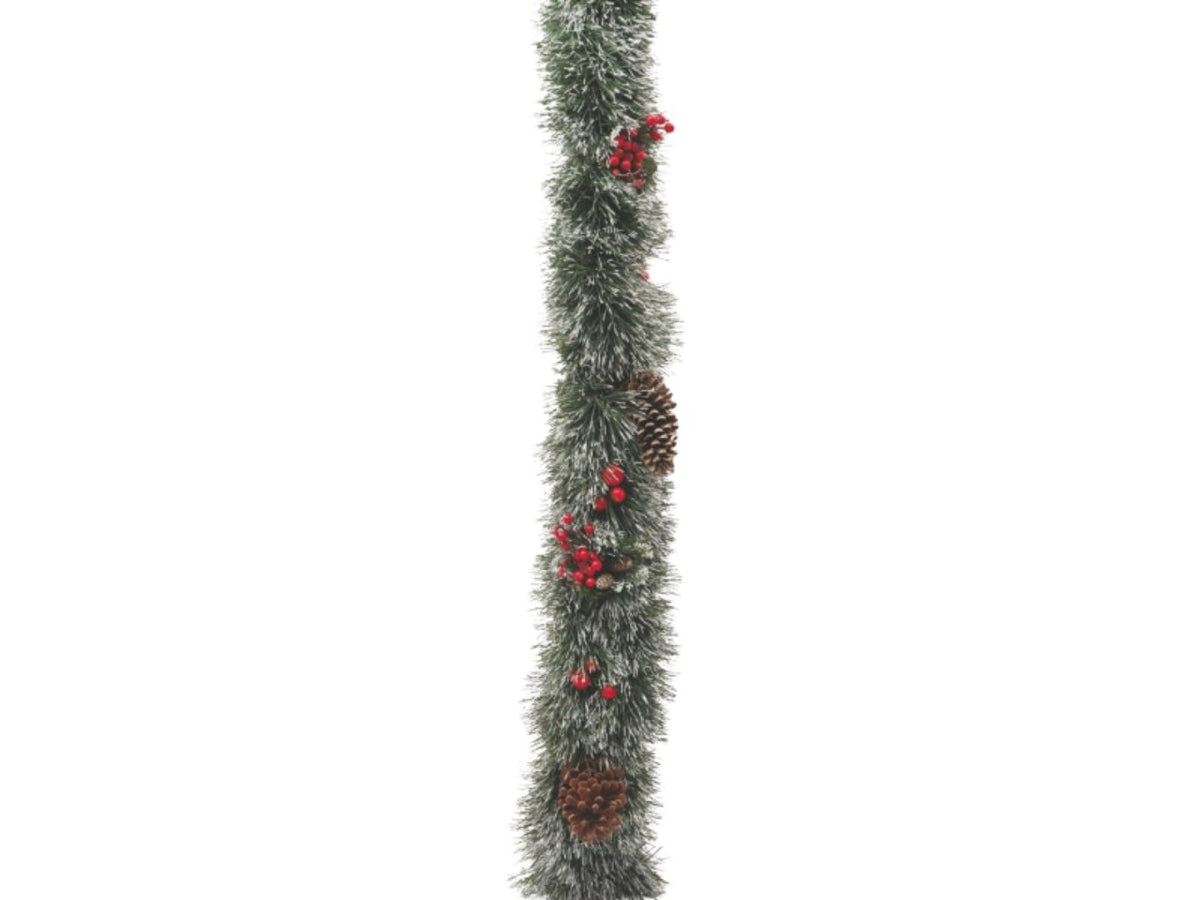 Filo decorativo natalizio 250cm diametro 20cm verde con punte bianche, pigne e bacche rosse