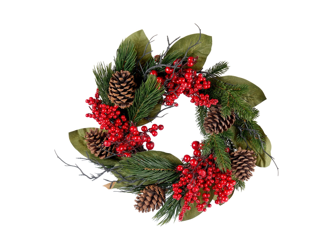 Corona 45cm addobbata con foglie, bacche rosse e pigne