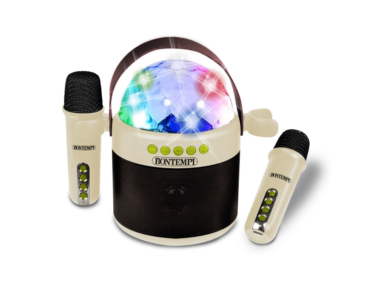 Cassa acustica wireless con 2 microfoni senza filo e sfera luci led da discoteca