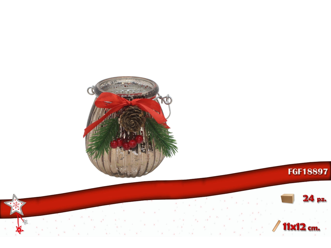 Porta tealight in vetro 11x12cm champagne con pigna e fiocchetto