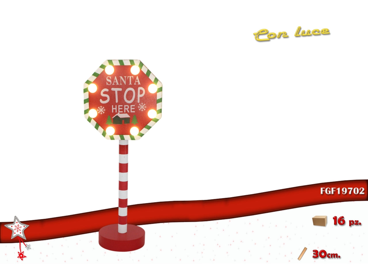 Cartello santa stop here 30cm in legno con led