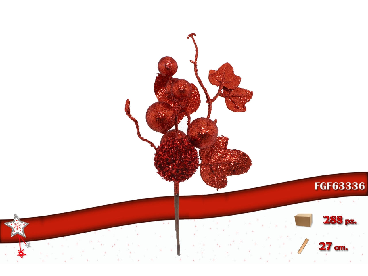 Ramo bacche 27cm glitterato rosso