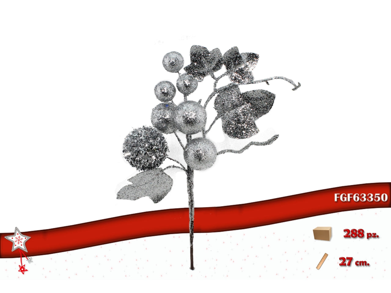 Ramo bacche 27cm glitterato argento