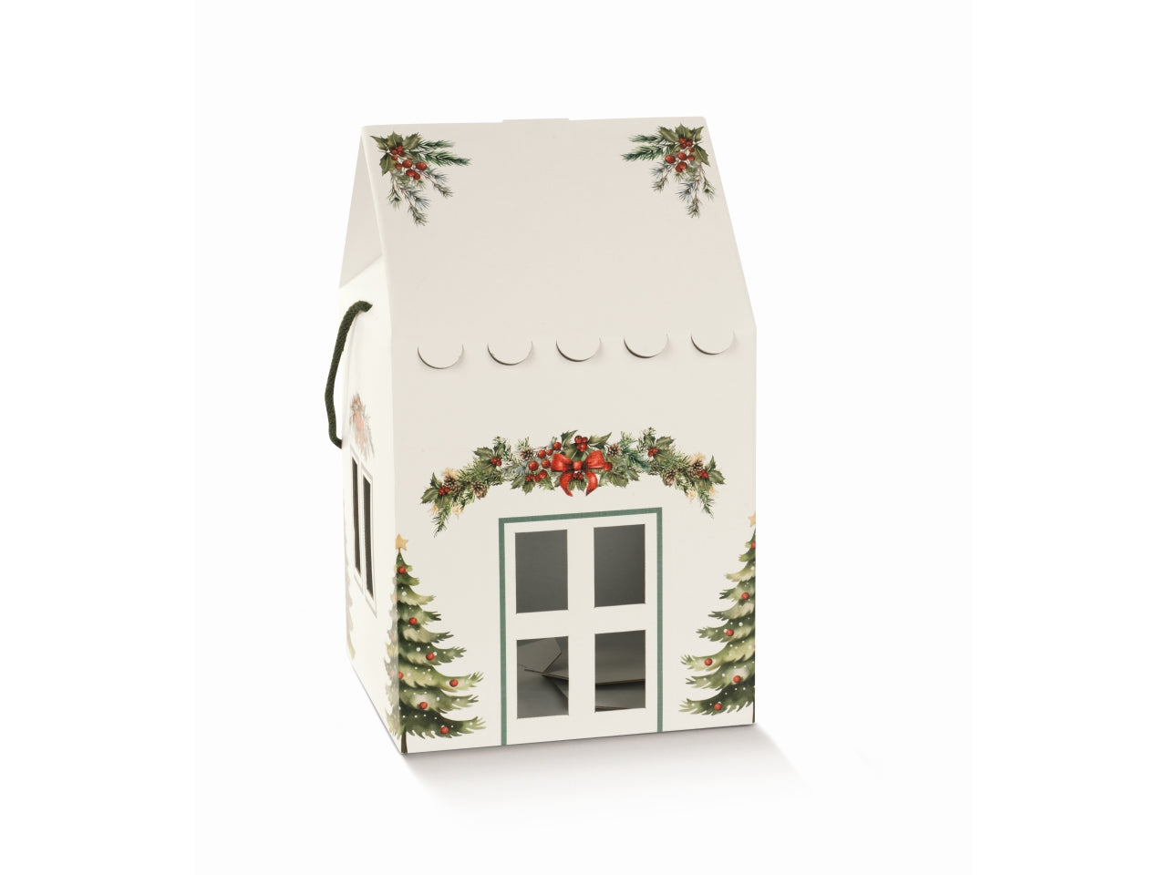 Pini verdi bianco scatola casa con cordini 23x23x26cm