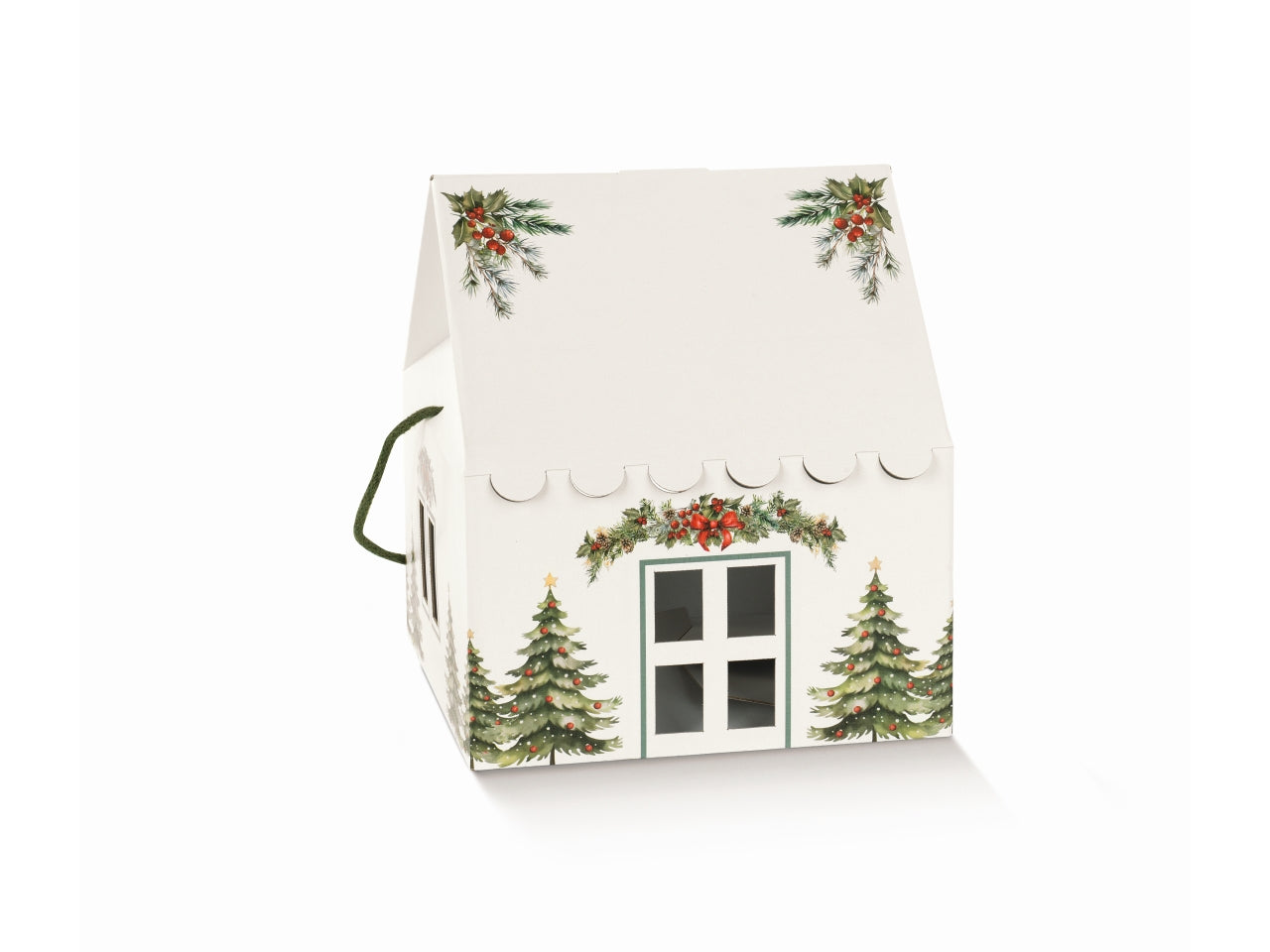 Pini verdi bianco scatola casa con cordini 24,5x24,5x15cm