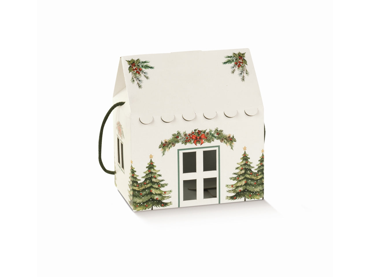 Pini verdi bianco scatola casa con cordini 20x14x14cm